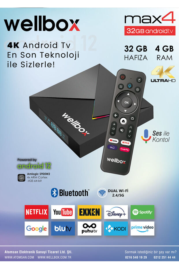 WELLBOX MAX4 Android TV BOX Wi-Fi Bluetooth HDMI Hafızalı Uydu Alıcısı - 1