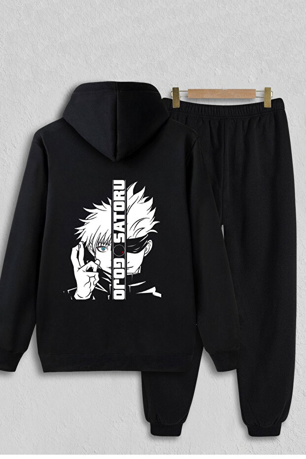 Jujutsu Kaisen Gojo Satoru Anime Patterned Black Hooded Sweatshirt - Oversize Tracksuit