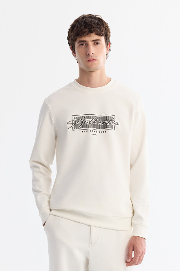 Erkek Ekru Bisiklet Yaka Kolay Ütülenir Pamuklu Regular Fit Sweatshirt A42Y1270 - 1