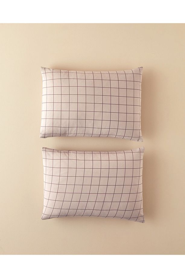 Plain Check Kolay Ütülenir 2'li Yastık Kılıfı 50x70 cm Açık Mürdüm - 1