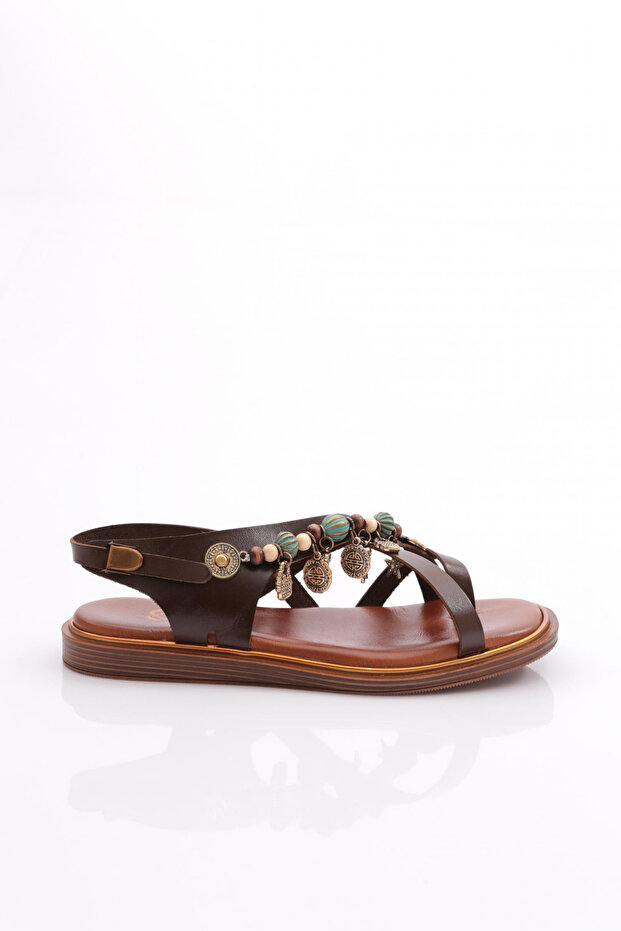 Women's Side Bead Detailed Sandals Dark Brown 4163289