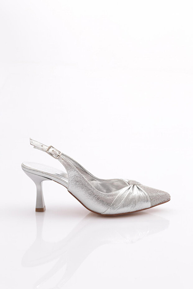 Women's Stone-Fronted Heeled Shoes Silver Plated 215432621