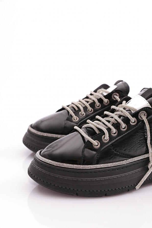 Kadın Taş İp Bağcıklı Kalın Taban Spor Ayakkabı Siyah Paraşüt Siyah 35662682 - 4