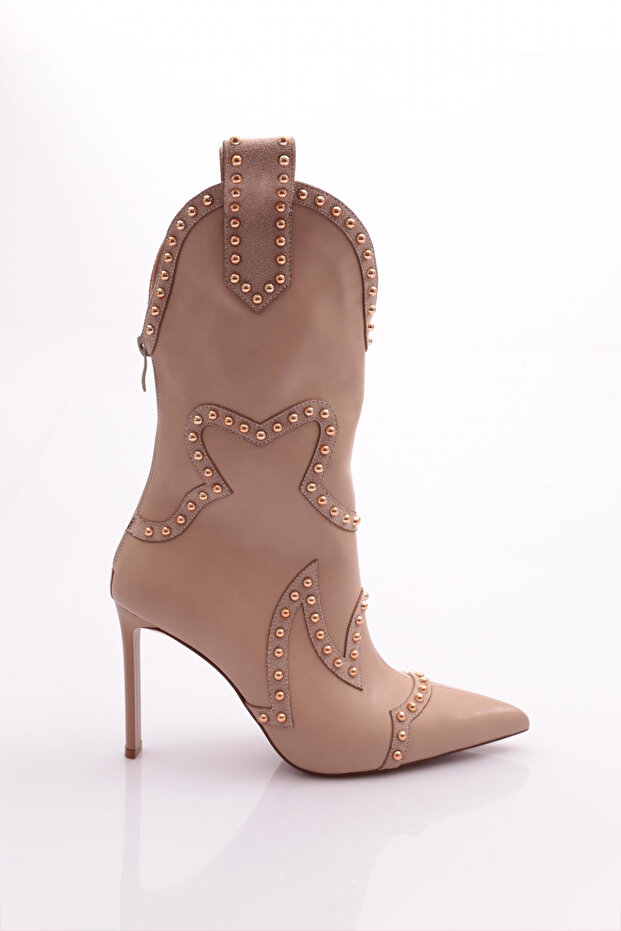 5273 Women's Stone Embroidered Heeled Western Boots Beige