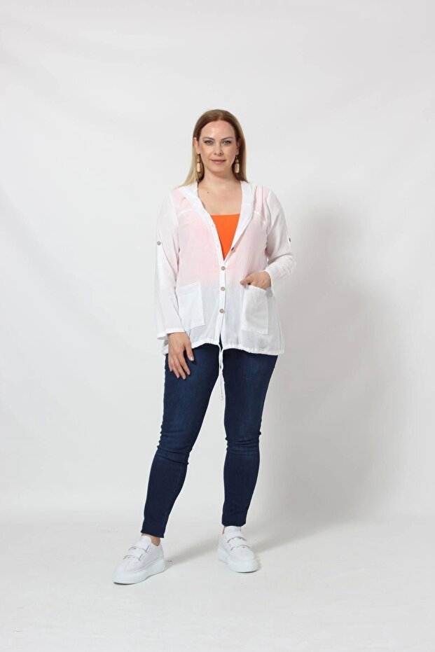 B027 Cebi Pullu Kapüşonlu Gömlek Beyaz - 1