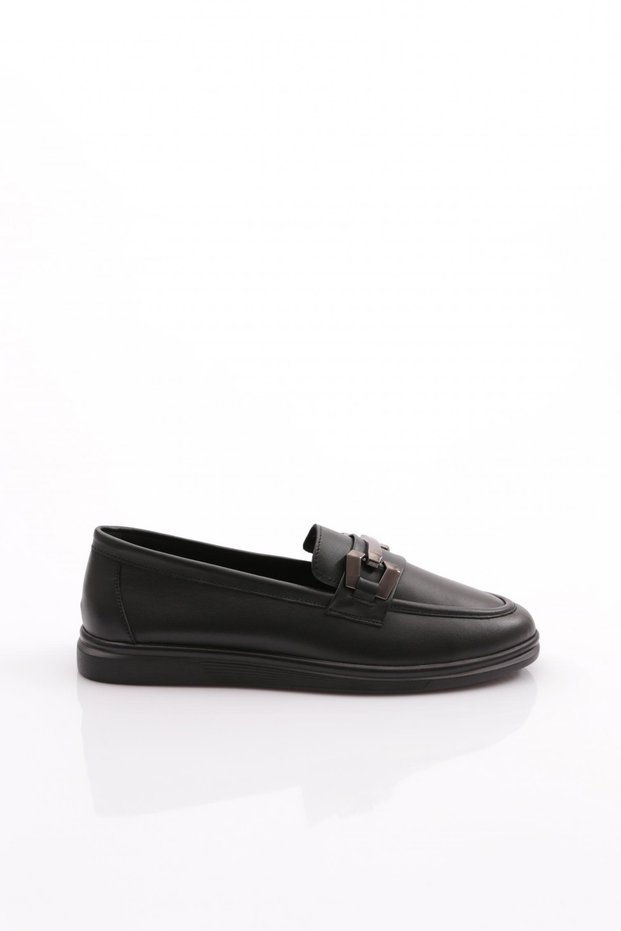Women's Metal Buckle Loafer Shoes Black Napa 1092363