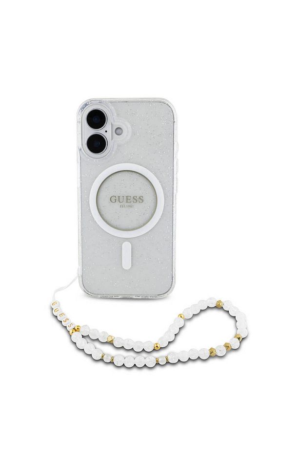 iPhone 16 Plus Kılıf Guess  Lisanslı Magsafe Özellikli Simli Silikon İnci Bileklikli Şeffaf - 1