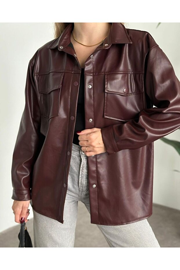 Women's Brown Pocket Faux Leather Jacket Shirt