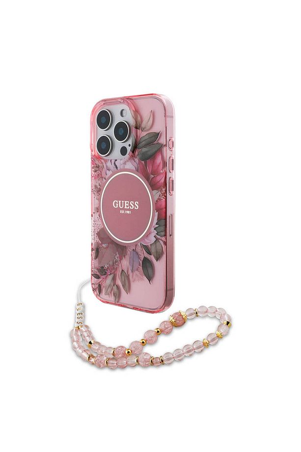 iPhone 16 Pro Kılıf Guess  Lisanslı Magsafe Özellikli IML Baskılı Çiçek İnci Bileklikli Pembe - 2