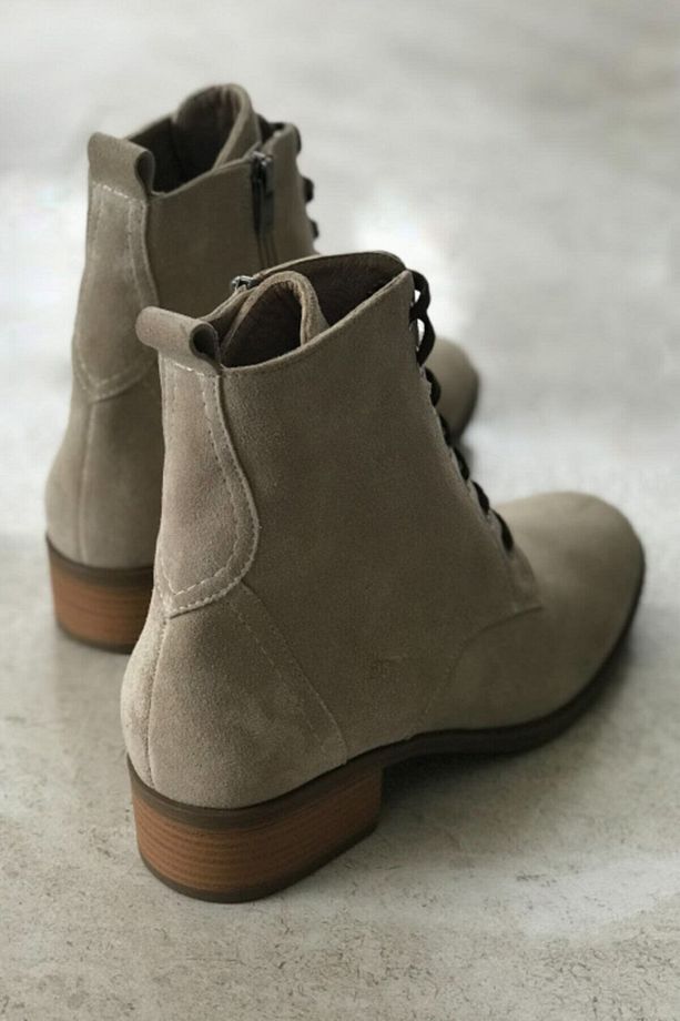 Kadın Bej Süet Hakiki Deri Bağcıklı Bot - Bootie - 3