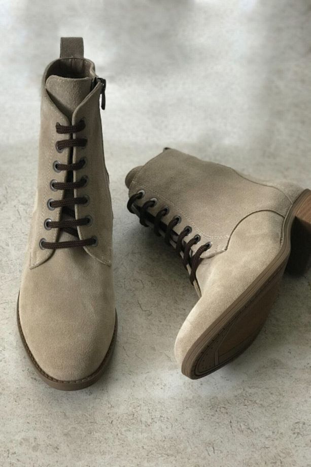 Kadın Bej Süet Hakiki Deri Bağcıklı Bot - Bootie - 4