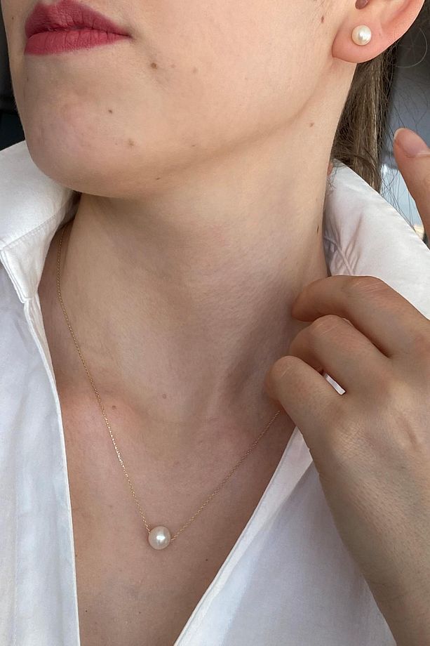 14 Ayar Altın Kadın Tek Inci Kolye Küpe Ikili Set - 2