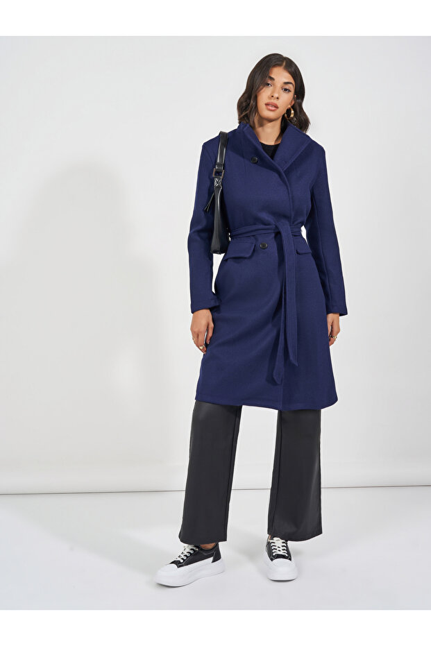 Regular Fit Double Breasted Belted Wool Like Coat