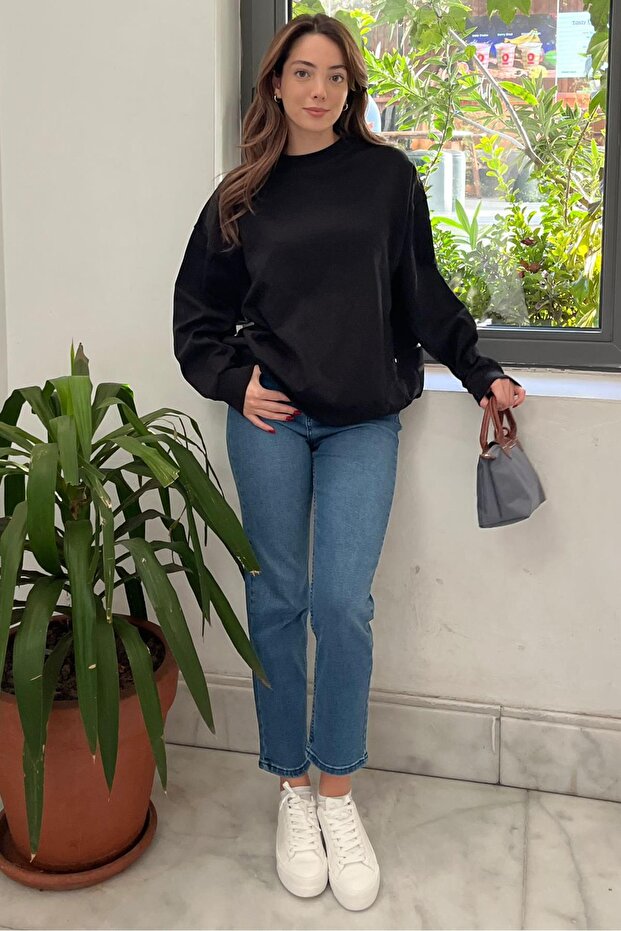 Siyah Bisiklet Yaka Basic Sweatshirt MG2185 - 5