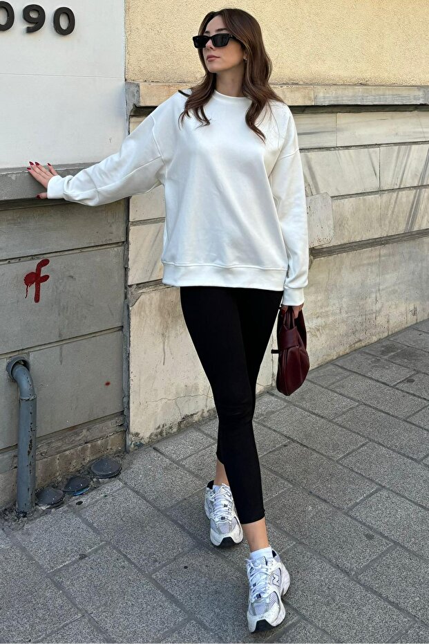 Ekru Bisiklet Yaka Basic Sweatshirt MG2185 - 5