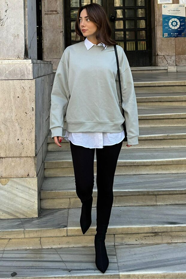 Painted Gray Crew Neck Basic Sweatshirt Mg2185 - 1