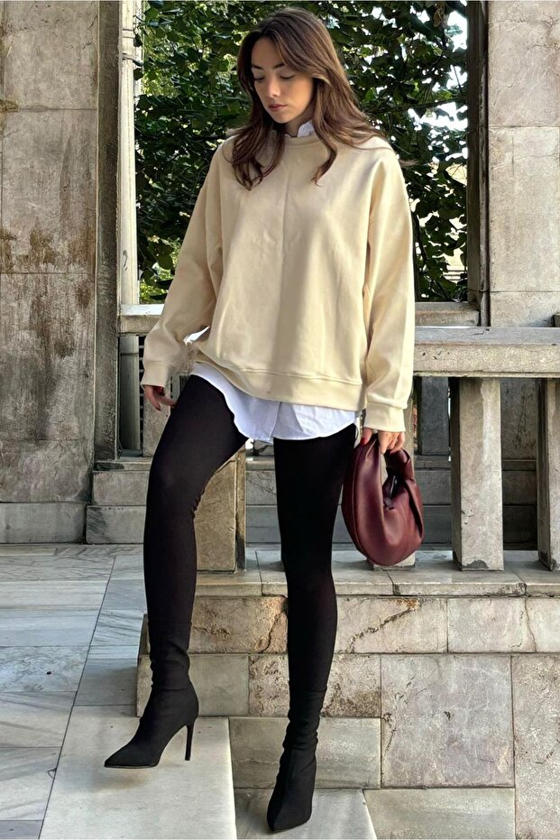 Bej Bisiklet Yaka Basic Sweatshirt MG2185 - 2