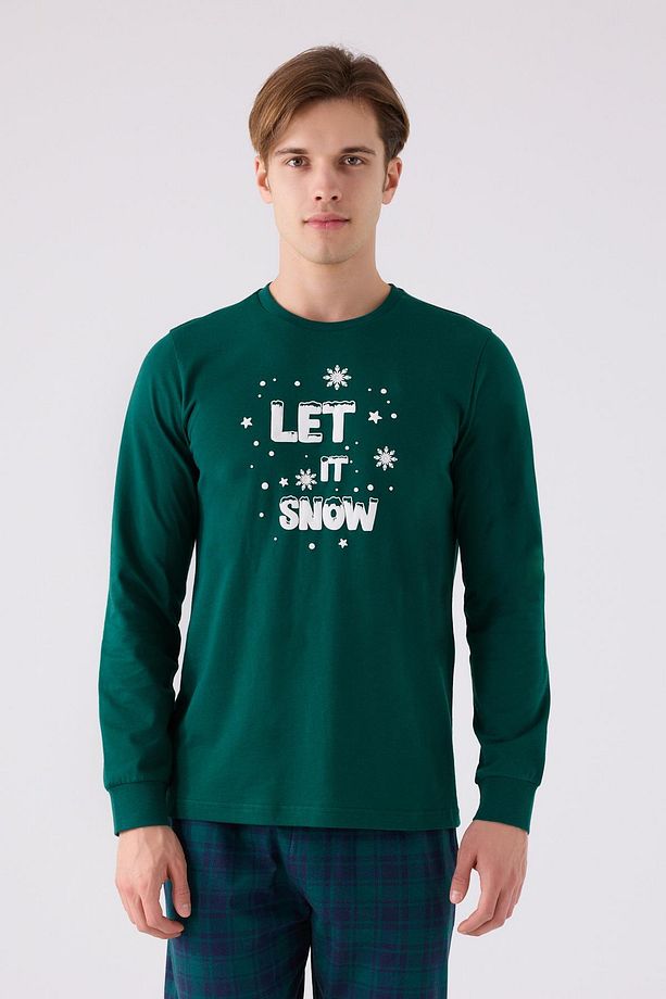 3131 Noel Erkek Let It Snow Yeşil Uzun Kol Pijama Takım - 3
