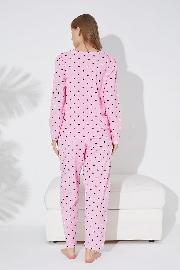 Pembe Siyah Kalp Ve Puan Desenli Örme Pijama Takım 7792 - 3