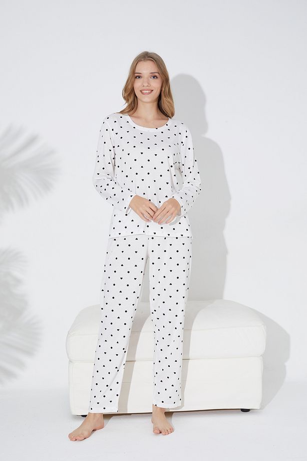 Ekru Siyah Kalp Ve Puan Desenli Örme Pijama Takım 7792 - 2
