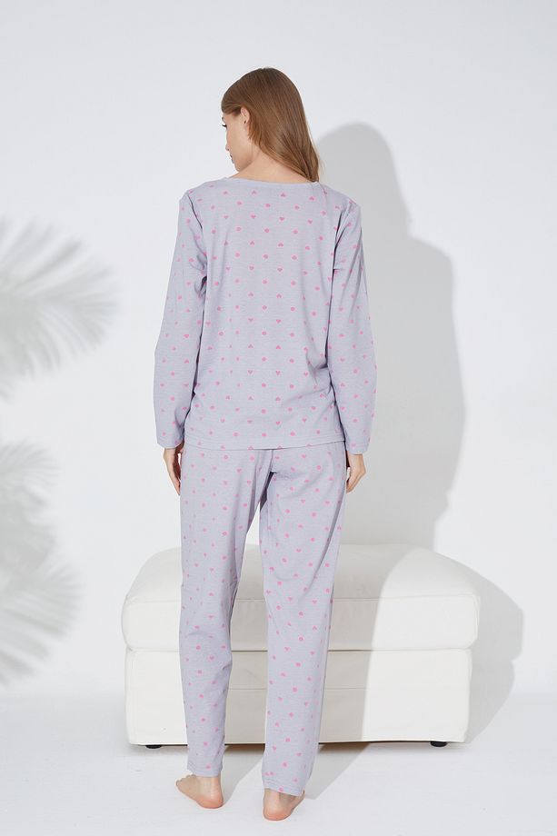 Gri Pembe Kalp Ve Puan Desenli Örme Pijama Takım 7792 - 3