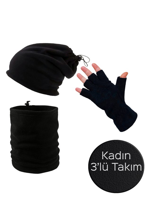 Women's Black Winter Thermal Fleece Cut-Finger Gloves - Fleece String Beanie - Fleece Neck Collar Set of 3