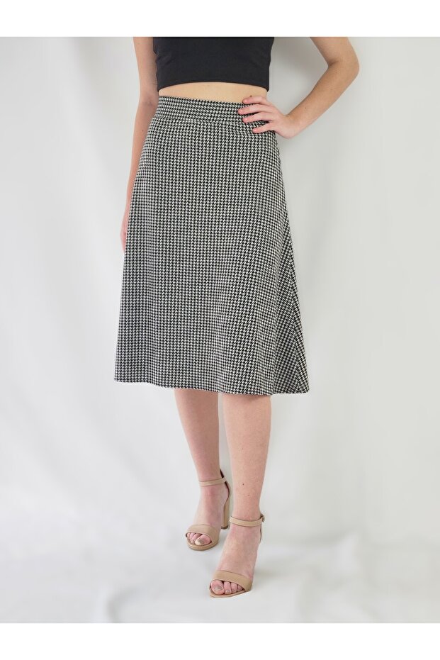 Crow Patterned Elastic Waist Knee-Close Skirt
