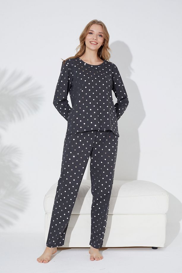 Antrasit Puan Varak Baskılı Örme Pijama Takım 7792 - 2