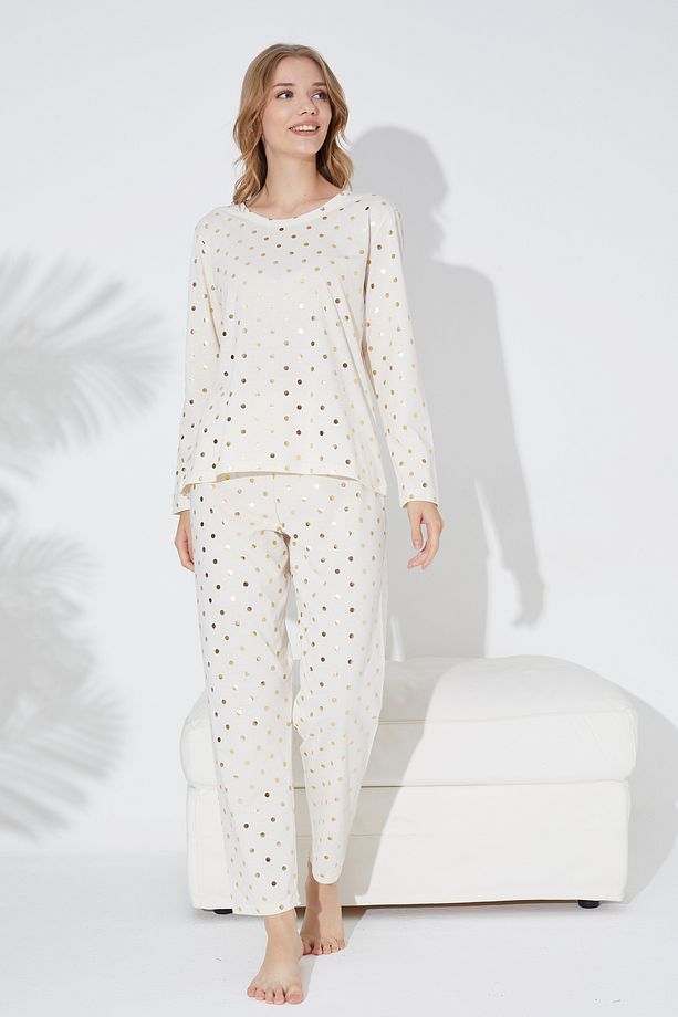 Ekru Puan Varak Baskılı Örme Pijama Takım 7792 - 2