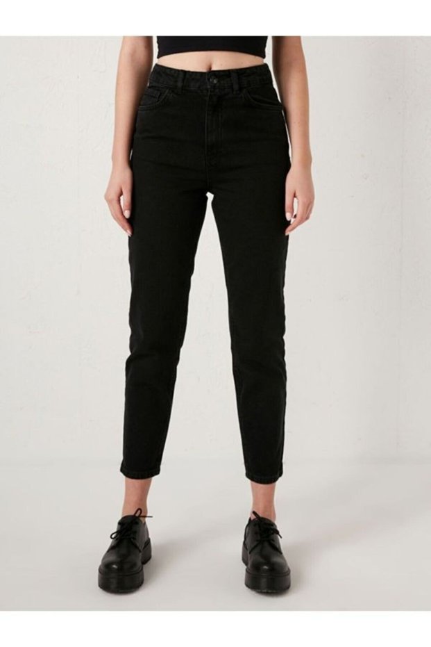 Ns-48453 Women's Mom Jeans Denim Pants Black High Waist Slim Leg Trousers