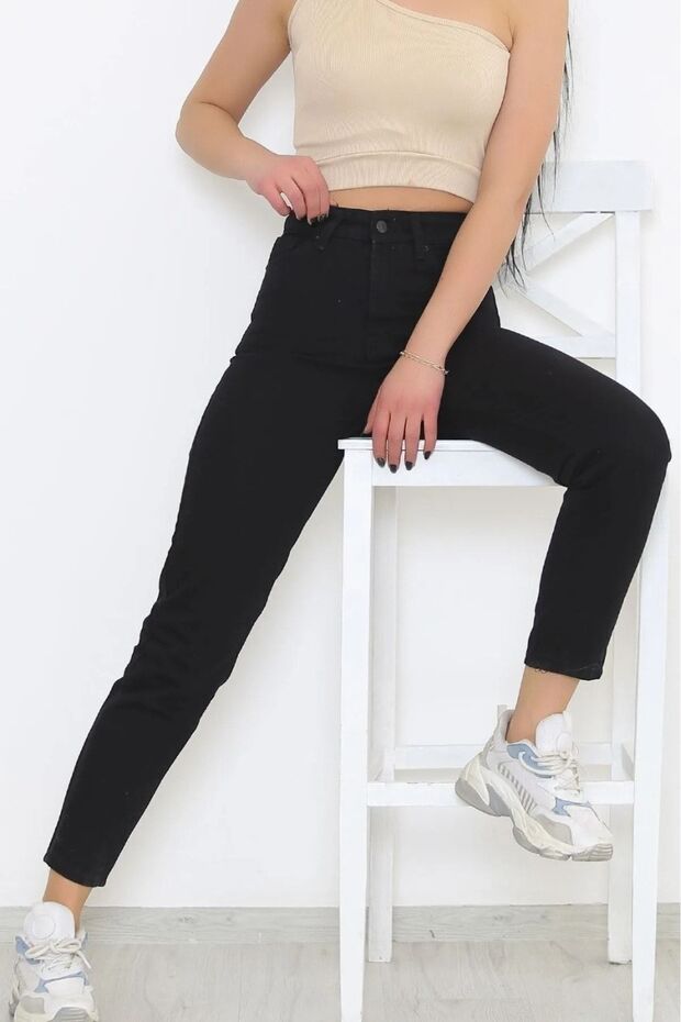 By-7565 Women's Black Color High Waist Mom Fit Jeans Narrow Leg Denim Trousers