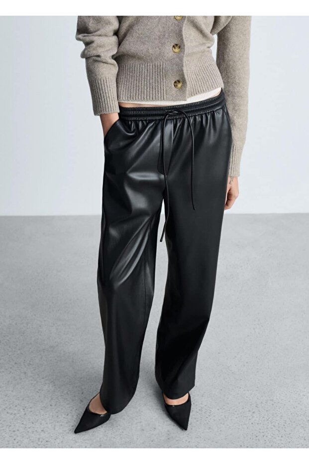 Deri görünümlü beli elastik pantolon - 1