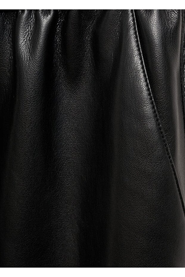 Deri görünümlü beli elastik pantolon - 5