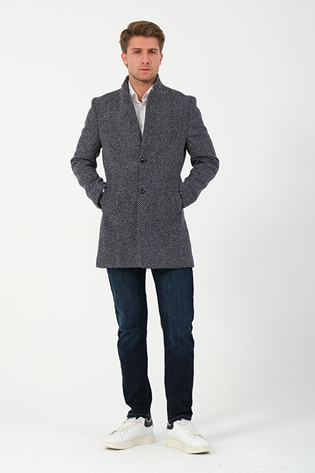 Men's Slim Fit Navy Blue and White Stamp Coat