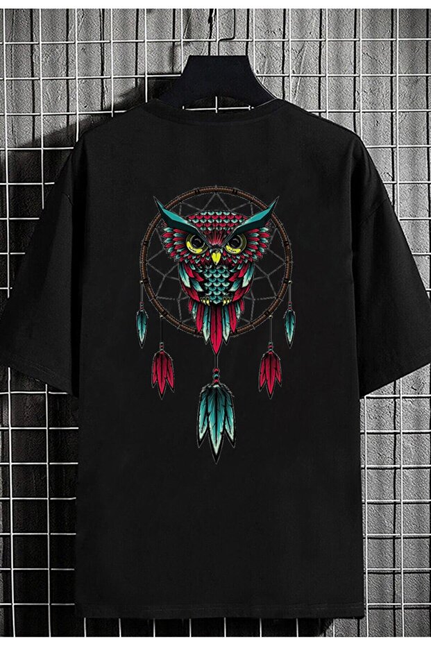 Unisex Oversize T-Shirt Baykuş Bakı Black