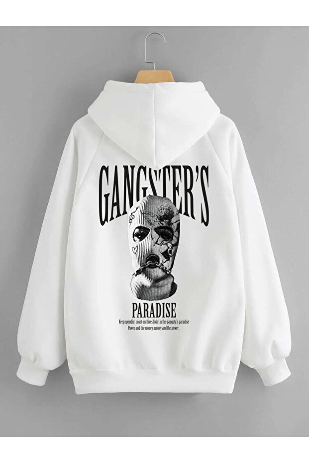 Unisex White Oversize Hooded Sweatshirt - Gangss Back Print