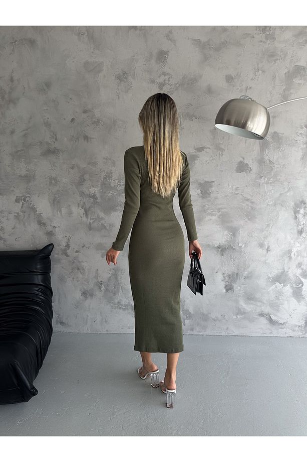 Kadın Dik Yaka Fitilli Likralı Kaşkorse Kumaş Tesettür Uygun Uzun Kalem Elbise Boy 135 CM - 4