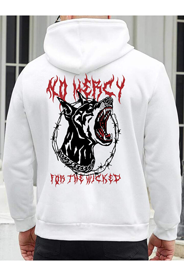 Men's Hooded Sweatshirt Back No Mercy Print White