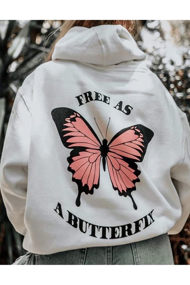 White Butterfly Patterned Oversize Women's Sweatshirt - Hooded