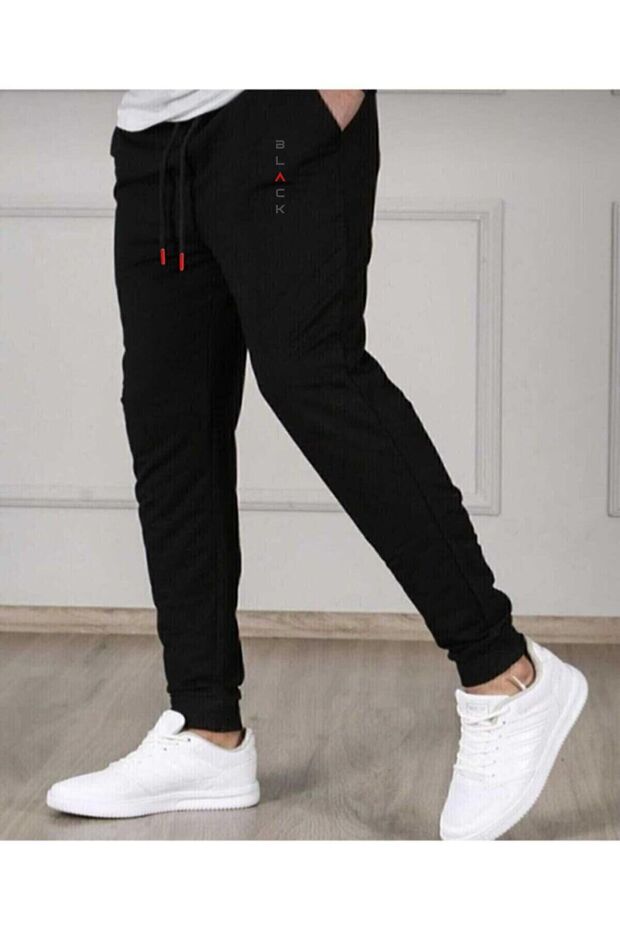 Black Slim Fit Jogger Sweatpants - Skinny Leg, Cotton, Printed - 3