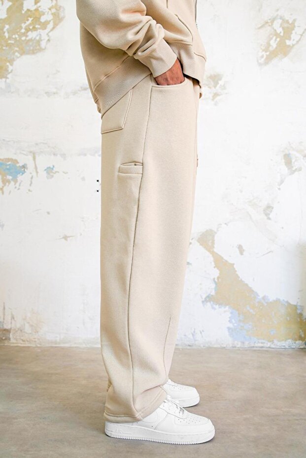 Krémes Cozy Basic redőzött táskás tréningruha - 4