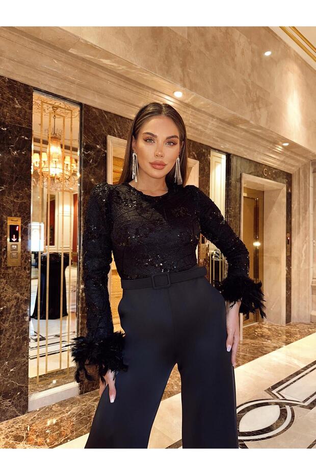 Women's Black Imported Fabric Sequined Belted Sleeves Otrish Detail Lined Special Design Jumpsuit