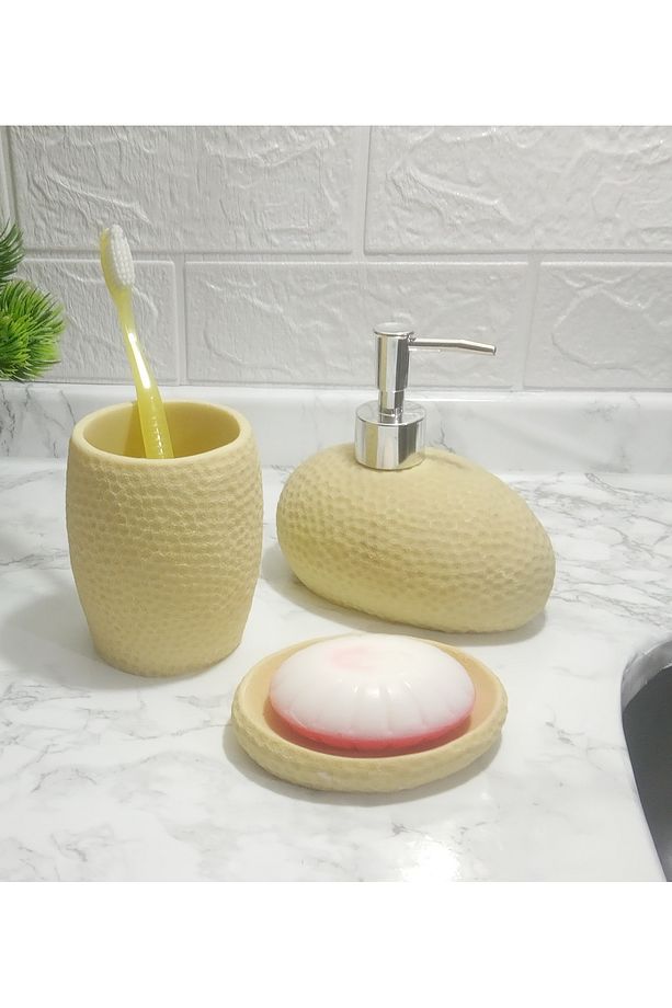 3 Parça Sarı Petek 3 Lü Banyo Seti 20x20x13cm Seramik Sarı - 1