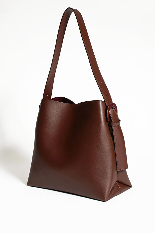 Women's Buckle Detailed Soft Leather Snap Fastener and Zippered Inner Compartment Shopper Bag