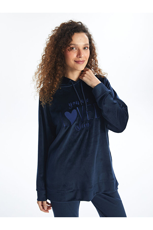 Kapüşonlu Kadife Kadın Pijama Üst - 2