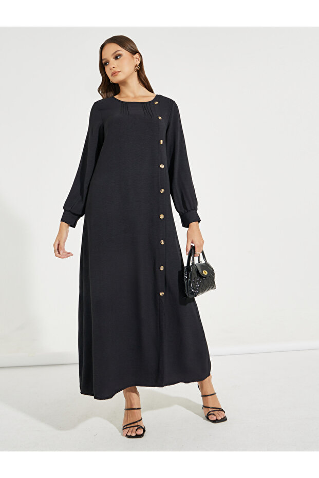 Round Neck Button Detail A-Line Maxi Dress
