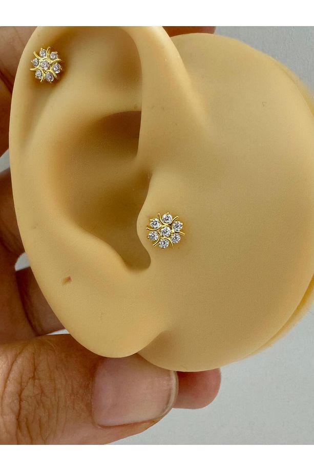 1 ADET G23 TİTANİUM ( TİTANYUM )ÇİÇEK MODEL TRAGUS HELİX CONCH LOBE UYUMLU PİERCİNG - 2