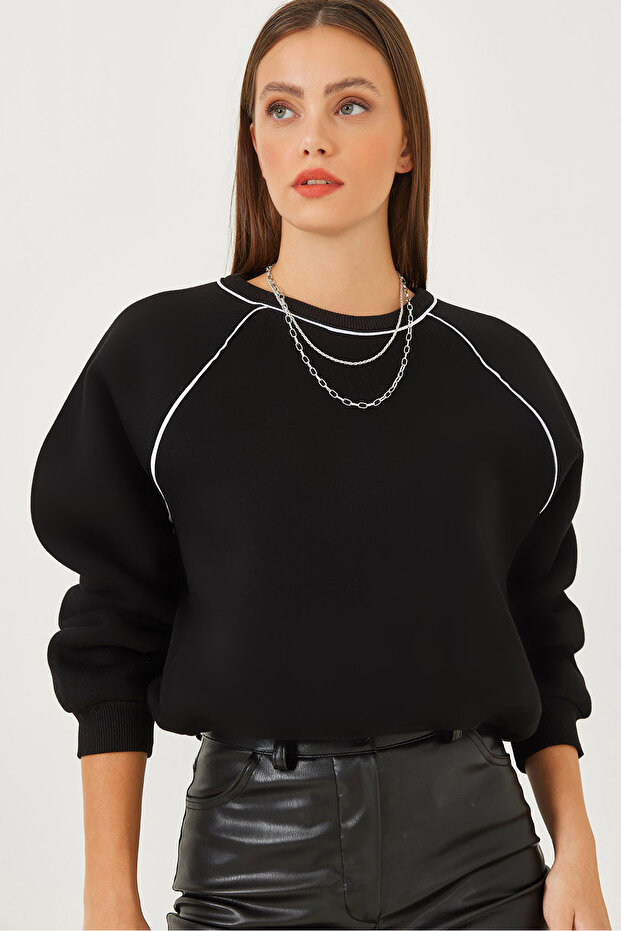 Women's Black Piping Detailed Three-Thread Ribbed Sweatshirt 60251895