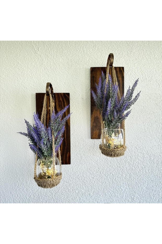 Wall Decoration, Led Light, Purple Lavender Flower, Walnut Sconce Set of Two