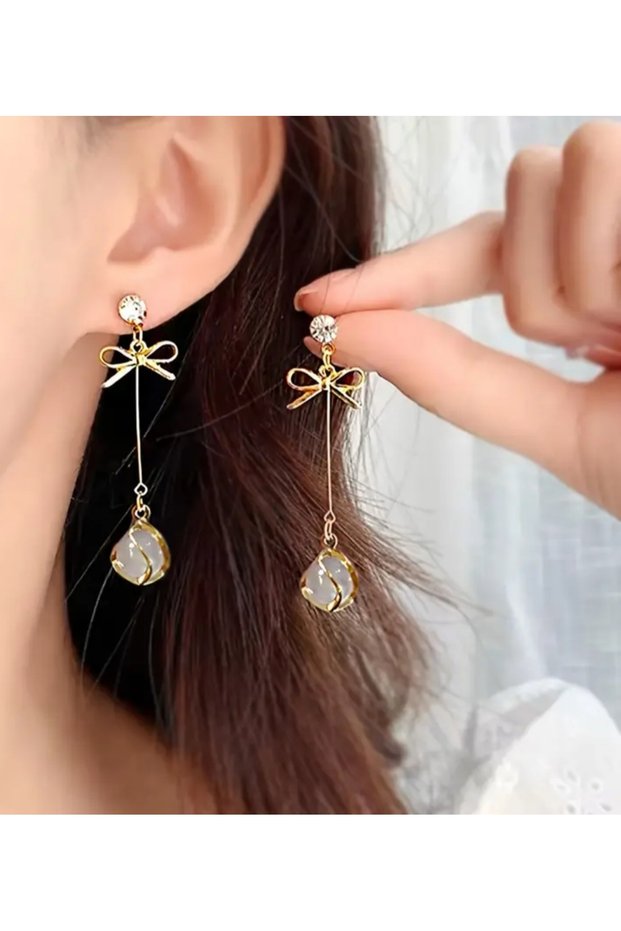 Stoned Gold Colored Long Dangle Stylish Bow Wedding Evening Dress Earrings